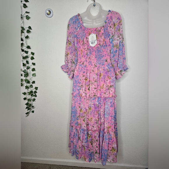 NWT Ivy City Co. Rowan Midi Dress in Pink Multi Smocked Tiered Ruffle Hem Medium - Picture 6 of 10